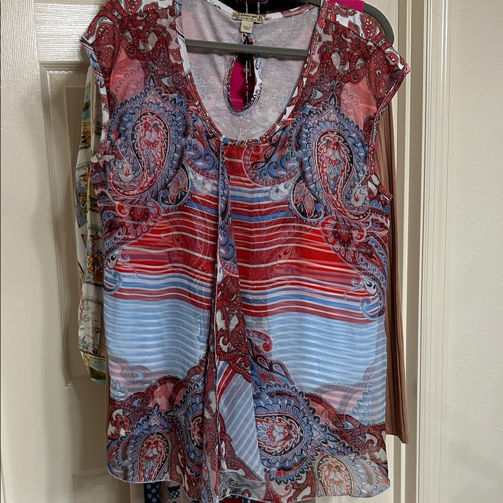 Energe Red White Blue Paisley Sleeveless Top Boho Lined with Sheer Overlay XL